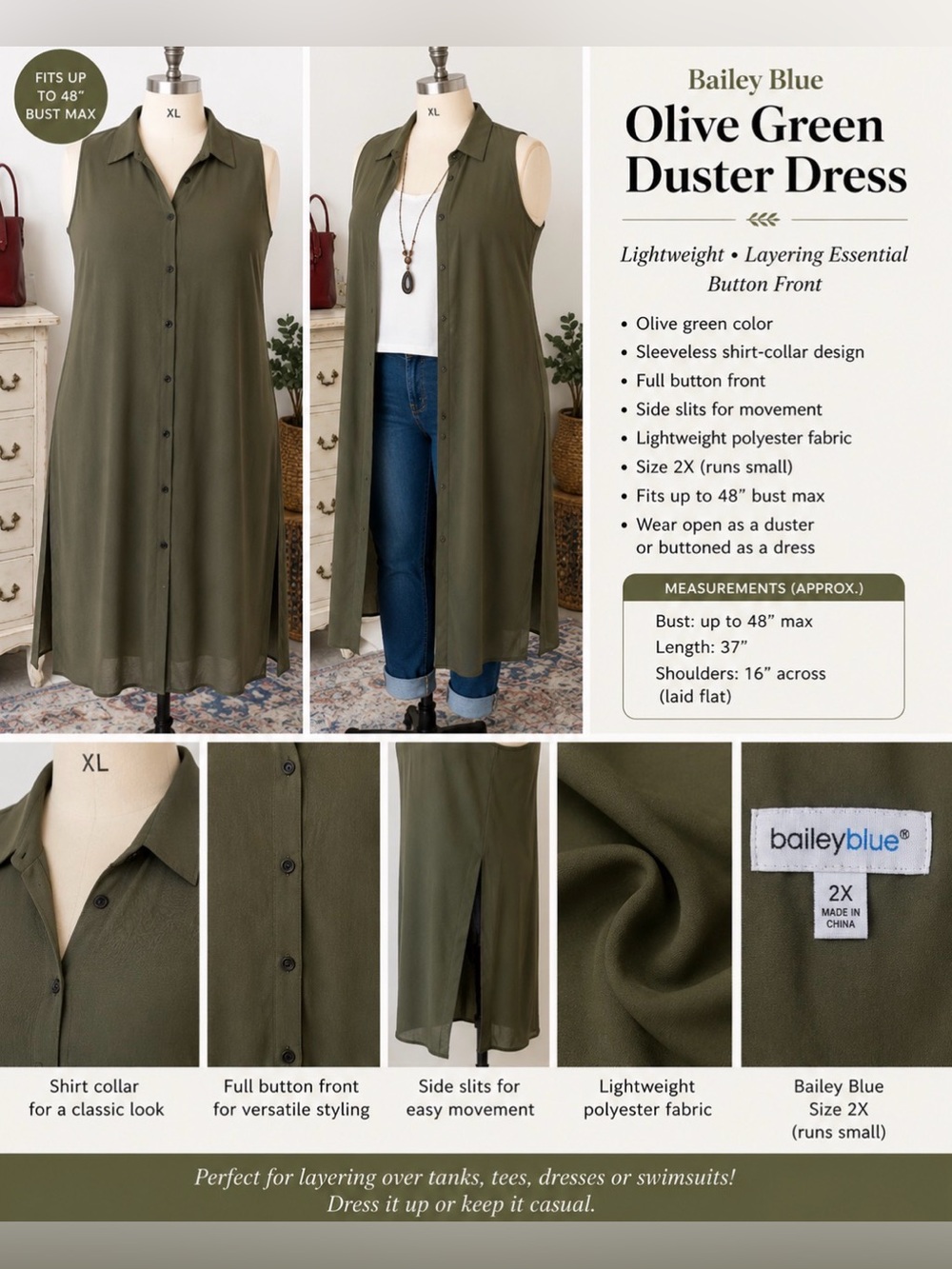 Bailey Blue- plus size - Olive Green Sleeveless Longline Duster Vest :Dress